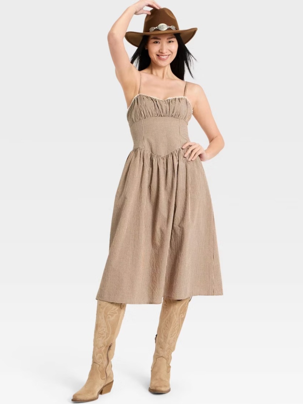a new day Brown Gingham Basque Waist Smocked Midi Dress Western Coquette Girl